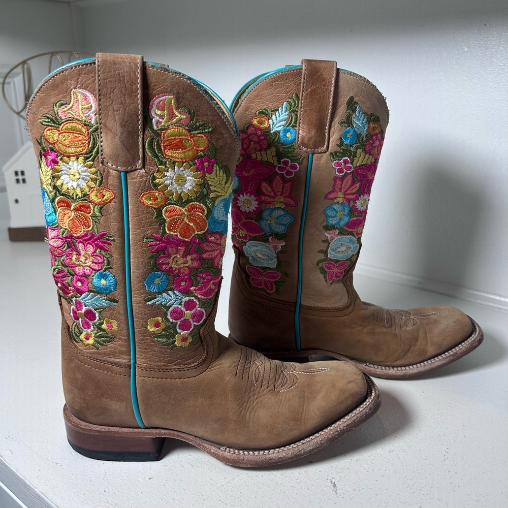 Macie Bean Girls Western Boots Size 2 Floral Embroidered Leather Cowgirl Boots - Picture 5 of 8